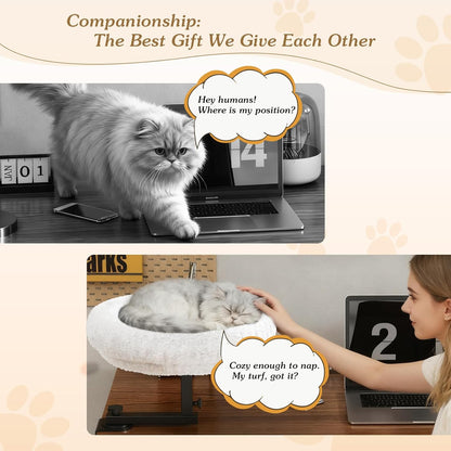 Adjustable Cat Desk Bed, 360° Rotatable Elevated Desk Cat Bed for Home Office, Space-Saving Design Table Supports Up to 60 lbs, Soft Faux Fur Bed with Removable Washable Cover (Beige)