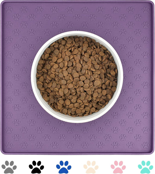 Ptlom Dog Food Mat Anti-Slip Bowl Mats for Food and Water, Waterproof Silicone Pet Placemat with High Raised Edges, Non-Slip Puppy Feeding Tray for Small, Medium Large Cats Dogs, Purple, 11.8"x11.8"