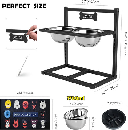 9 Height Adjustable Dog Bowl Stand with Two 1.7L Stainless Steel, Slow Feeder Bowls and Nonslip Pad, Perfect for Medium and Large Dogs
