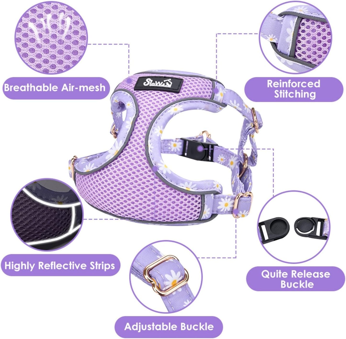 SlowTon Small Dog Harness - No Pull Dog Harness and Leash Set, Soft Mesh Lightweight Puppy Vest Harnesses, Adjustable Pet Harnesses for XXS XS Small Medium Easy Walk Hiking (Purple, XS)