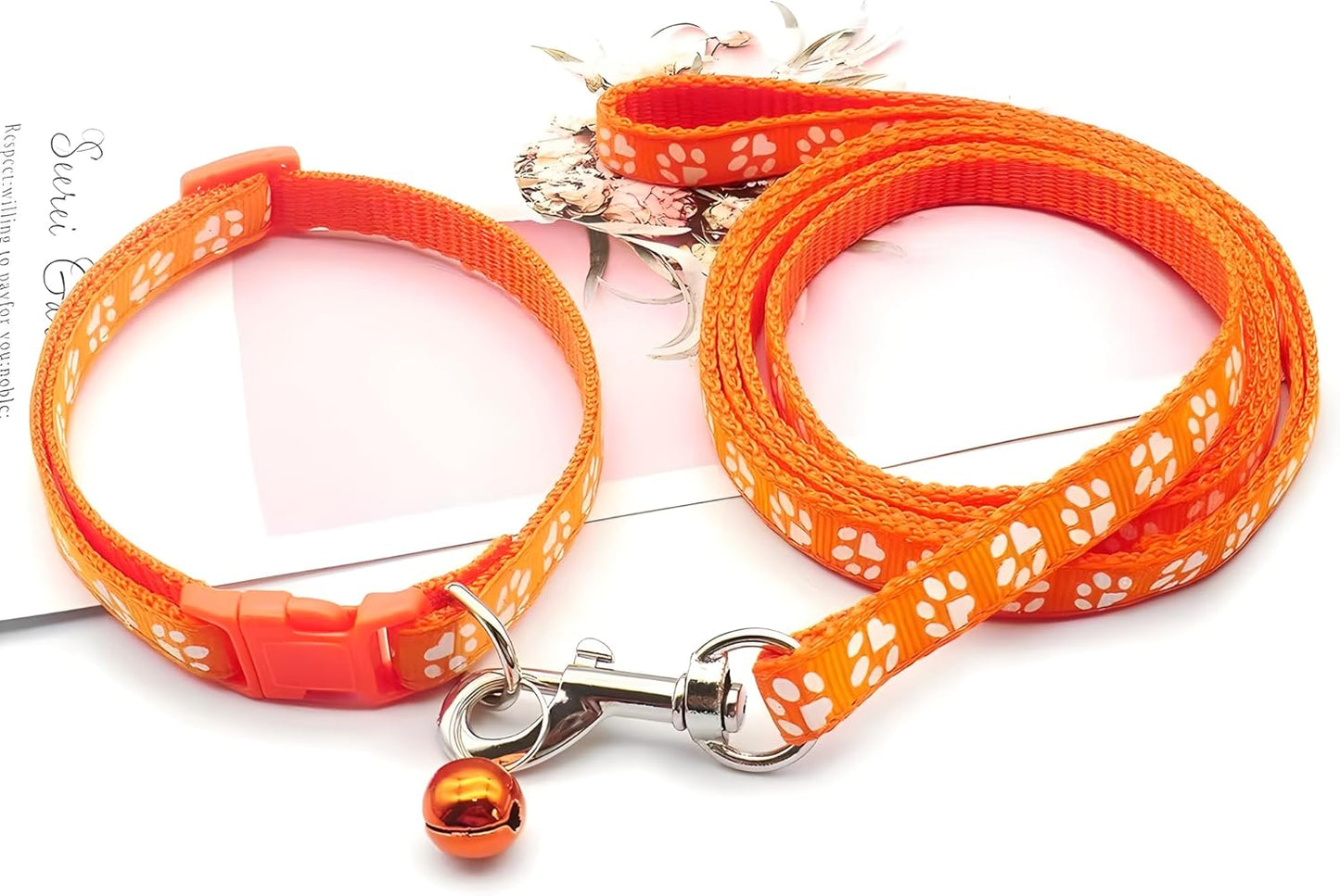 Bell Collar for Small Dogs Leash Set, Nylon Basic Reflective Girl Dog Collar Paw Print for XXS Xs Small Cat Puppy Pet Animal Litter Tiny Kitten, Orange