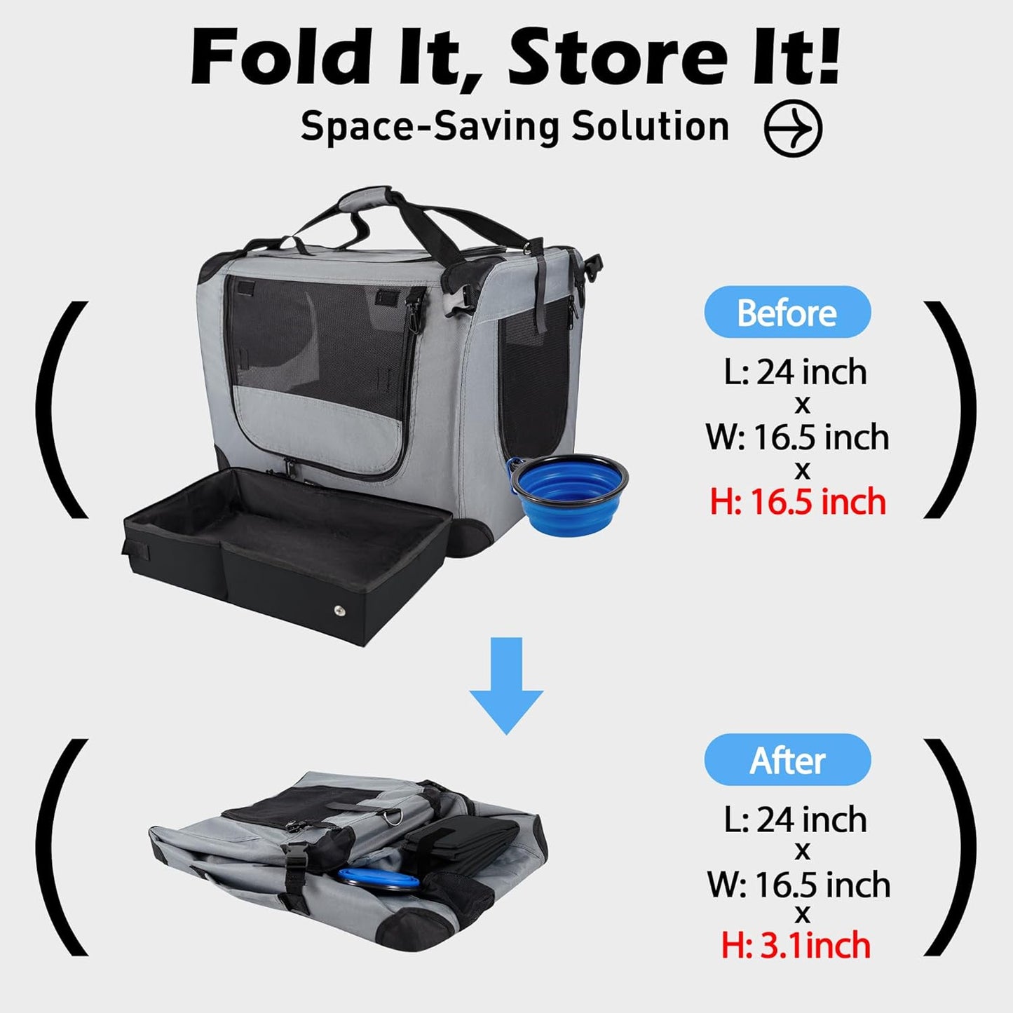 Large Cat Carrier 24"x16.5"x16.5" Soft-Sided Portable Pet Crate for Car Traveling with Collapsible Litter Box and Bowl
