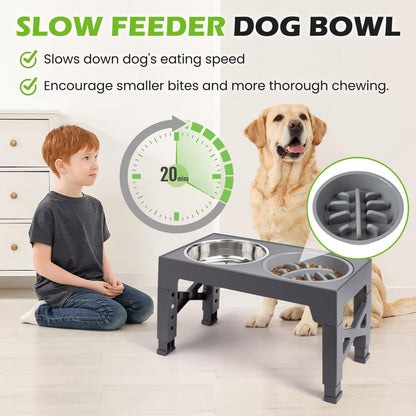 Heeyoo Elevated Dog Bowls - 5 Adjustable Heights Stand, 2 Stainless Steel Bowls & 1 Slow Feeder, Adjusts 3.2" to 12.2" for Small to Large Dogs