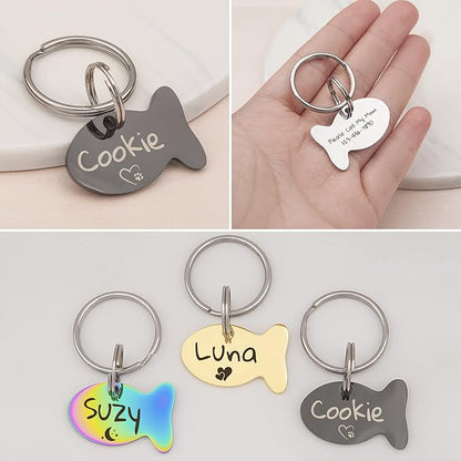 Anavia Small Size Dog Cat ID Tags, Small/XS Personalized Color Plated Stainless Steel Puppy Kitten Name Tags, Customized Engraved Nameplate Pet Collar Tag (Rainbow, Fish)