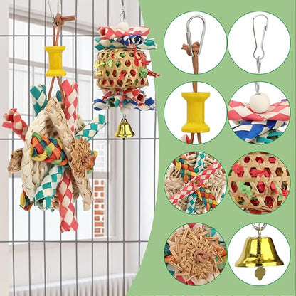Hypeety Bird Foraging Toys Natural Seagrass Woven Basket Parrot Foraging Chewing Toy with Bell Parakeet Hanging Toys for Cockatiel Sun Parakeet Budgie Lovebirds (2pcs Bite Cake + Woven Basket)