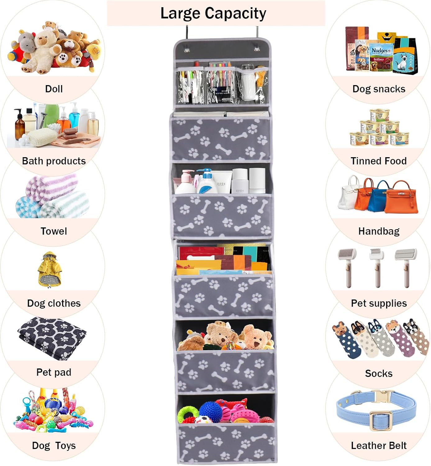 Dog Toy Basket - 5-Shelf Hanging Organizer with 2 Metal Hooks, 5 Pockets for Dog Leash, Harness, Toys & Treats - 62.5''(H) Bone Claw Print