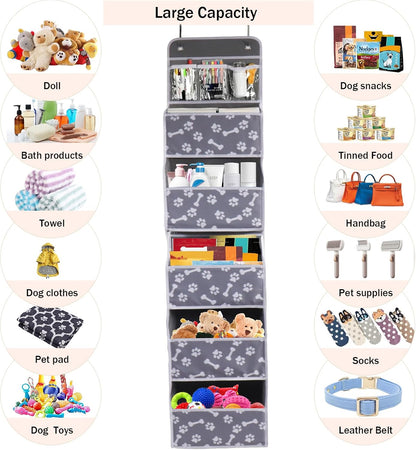 Dog Toy Basket - 5-Shelf Hanging Organizer with 2 Metal Hooks, 5 Pockets for Dog Leash, Harness, Toys & Treats - 62.5''(H) Bone Claw Print