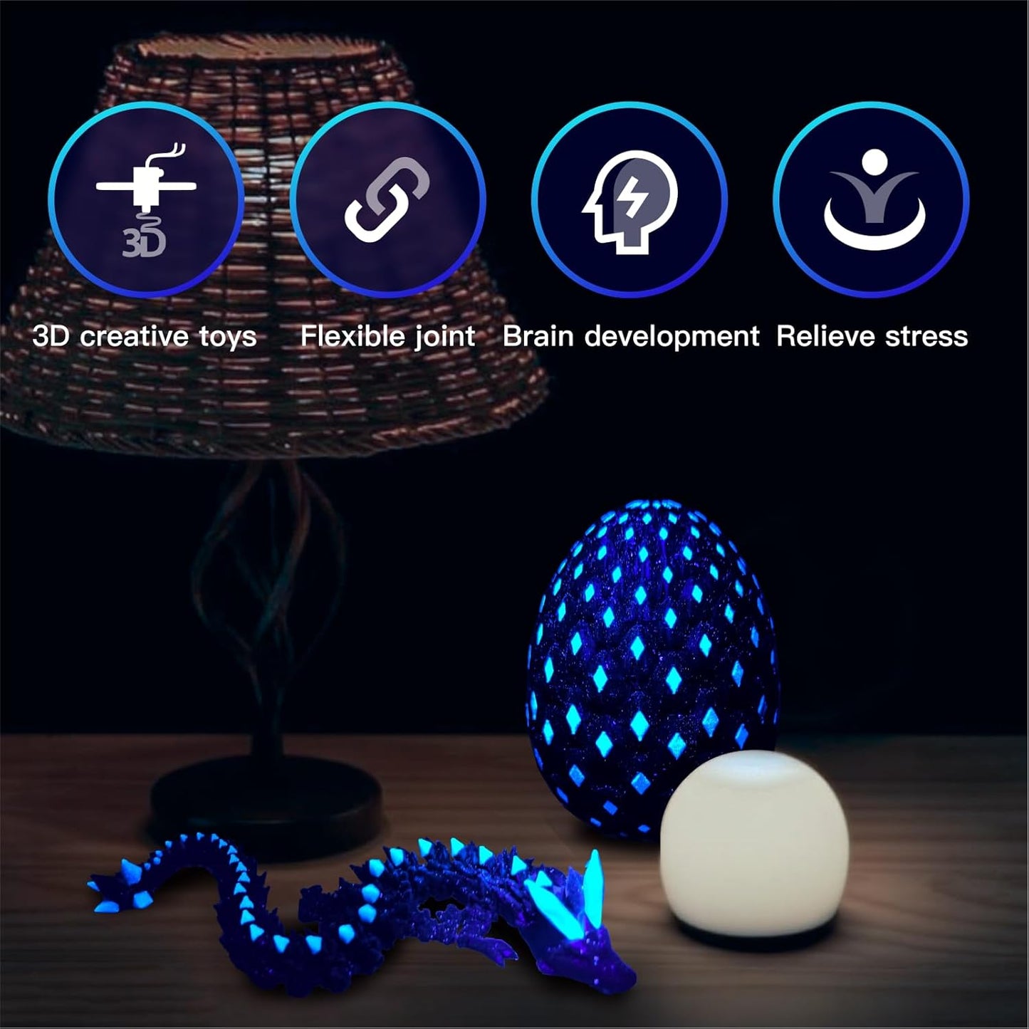 3D Printed Dragon Egg with Dragon Inside,Glowing at Night Dragon Egg Animal Figurines,3D Printed Animals Fidget Toys,Mysterious Gifts Teen Carnival Prizes（1PC） (1pc Dragon Egg)