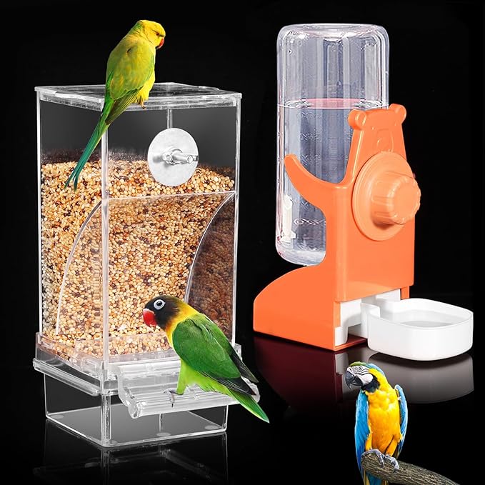 No Mess Bird Feeder for Cage, Automatic Drinker for Parakeet, Canary & Budgies (Orange)