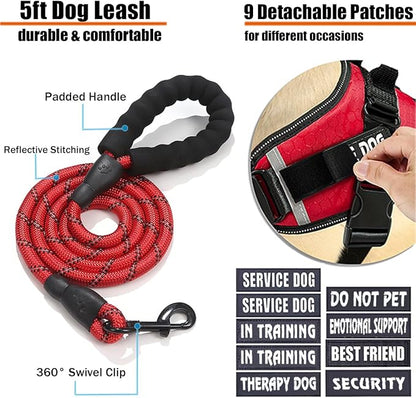 Service Dog Vest, 9 Dog Patches No Pull Dog Harness and Leash Set with Handle,Easy On and Off Pet Vest Harness with Night Safe Reflective Straps for Small Medium Large Breed Dogs
