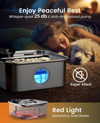 oneisall Dog Water Fountain, 2.6Gal/10L Stainless Steel Dog Water Bowl Dispenser with Deeper Drinking Aera & Washable Filter, Ultra-Quiet Pet Water Fountain for Small Medium Large Dogs(with 6 Fllters)