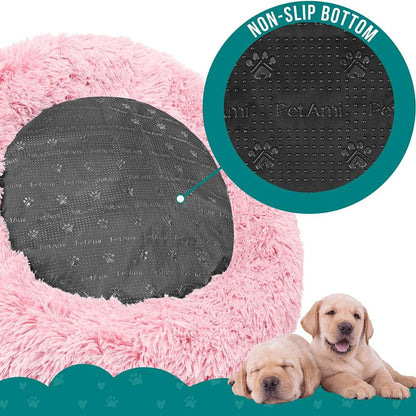 PetAmi Calming Dog Bed for Small Medium Dog Cat, Round Donut Dog Bed Washable, Fluffy Faux Fur Plush Cuddler Pet Kitten Cushion Bed, Anti-Slip, Fits up to 25 lbs, 23 inch, Pink