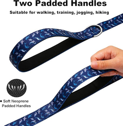 Double Handle Dog Leash 4 Foot with 2 Padded Handles, Heavy Duty Nylon Dog Leash with Traffic Control Handles,Walking Training Lead, Deep Blue Shark