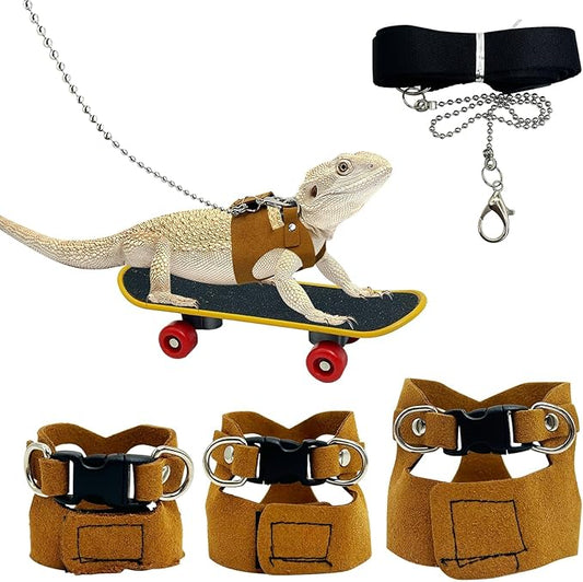 PINVNBY Bearded Dragon Leash and Harness Set - Adjustable with Lizard Traction Rope and Mini Scooter Toy for Reptile Outdoor Walking - 3 Sizes