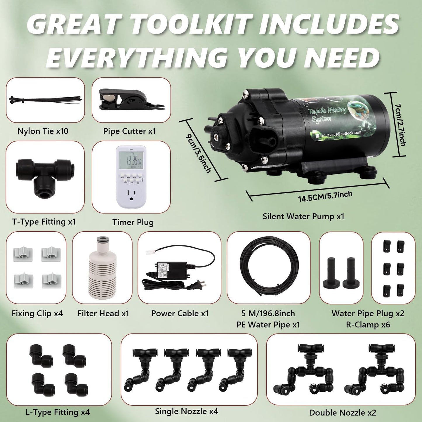 LANUEVA Reptile Humidifier, Quieter Mister Fogger for Terrarium with 4 Single Misting Nozzle + 2 Double Misting Nozzle, Automatic Spray System for Chameleon, Lizard, Snake, Frog (with Outlet Timer)