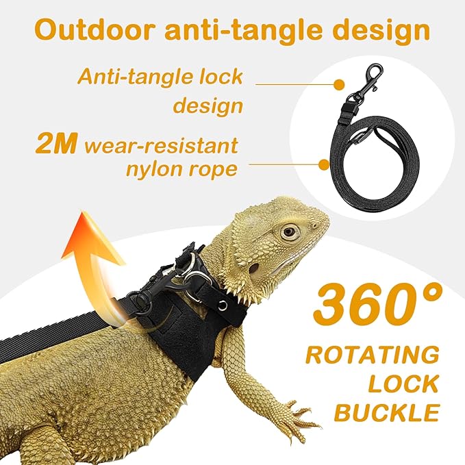 Bearded Dragon Leash and Harness Set - 3-Size Adjustable Soft Leather Vest for Training & Walking, Easy-On-and-Off Design (Black, 2M)