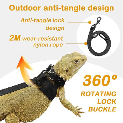 Bearded Dragon Leash and Harness Set - 3-Size Adjustable Soft Leather Vest for Training & Walking, Easy-On-and-Off Design (Black, 2M)