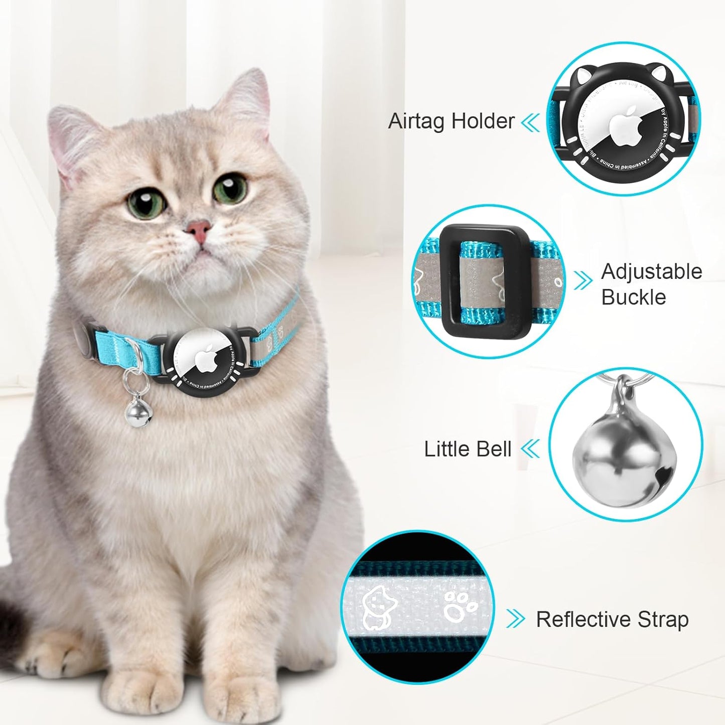 Airtag Cat Collar, Reflective Cat Collar with Apple Air Tag Holder, Breakaway GPS Tracker Pet Collar with Bell for Cat Kitten, Airtag Not Included, Blue, S(9-11 Inch)