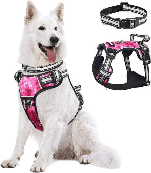 WINSEE Dog Harness No Pull, Pet Harnesses with Dog Collar, Adjustable Reflective Oxford Outdoor Vest, Front/Back Leash Clips for Small, Medium, Large, Extra Large Dogs, Easy Control Handle for Walking