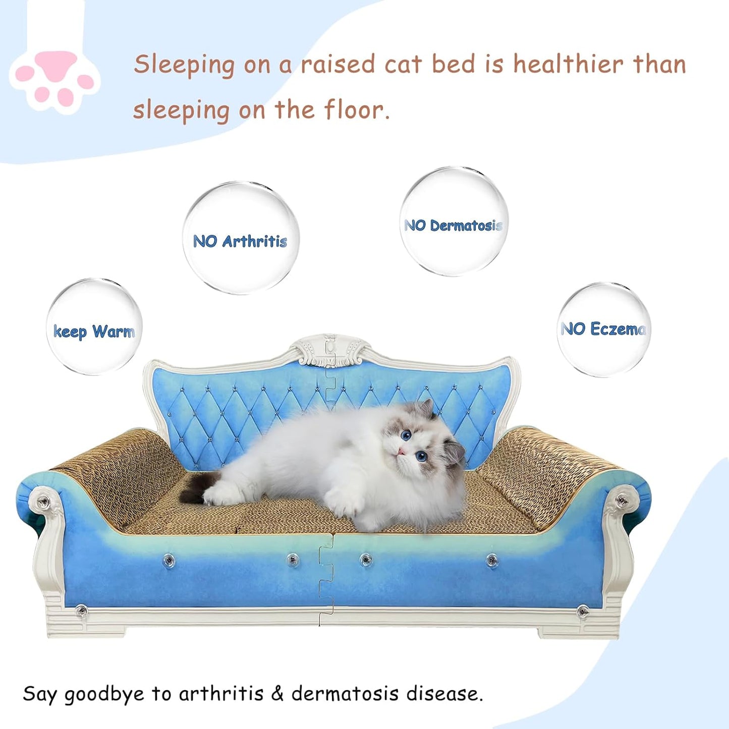 Luxury Cardboard Cat Scratcher Sofa Bed, Couch Shaped Scratching Board, Scratch Lounge with Catnip, Cat Scratcher for Indoor Cats Large Blue