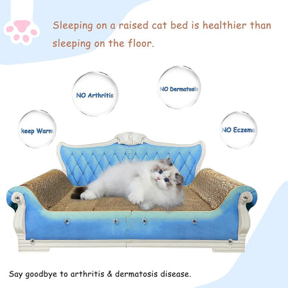 Luxury Cardboard Cat Scratcher Sofa Bed, Couch Shaped Scratching Board, Scratch Lounge with Catnip, Cat Scratcher for Indoor Cats Large Blue