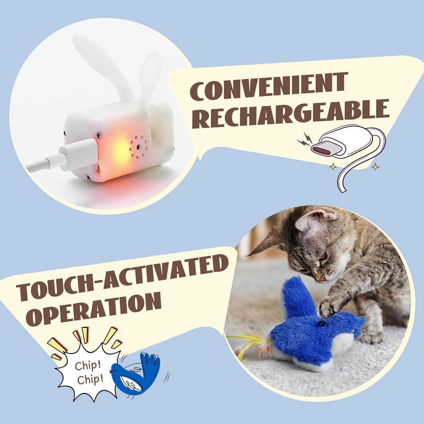 Flapping Bird Cat Toy, Interactive Catnip Kitten Toy with Lifelike Chirping, Rechargeable & Touch Activated for Bored Indoor Adult Cats of All Breeds, Blue