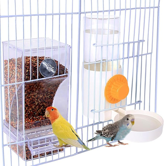 No Mess Bird Feeder Water Dispenser Set, Parakeet Cage Accessories Bird Cage Feeder Waterer for Cockatiels, Finches, Lovebirds, Budgies, Canaries (Feeding Door Over 3.15 x3.15 inch)