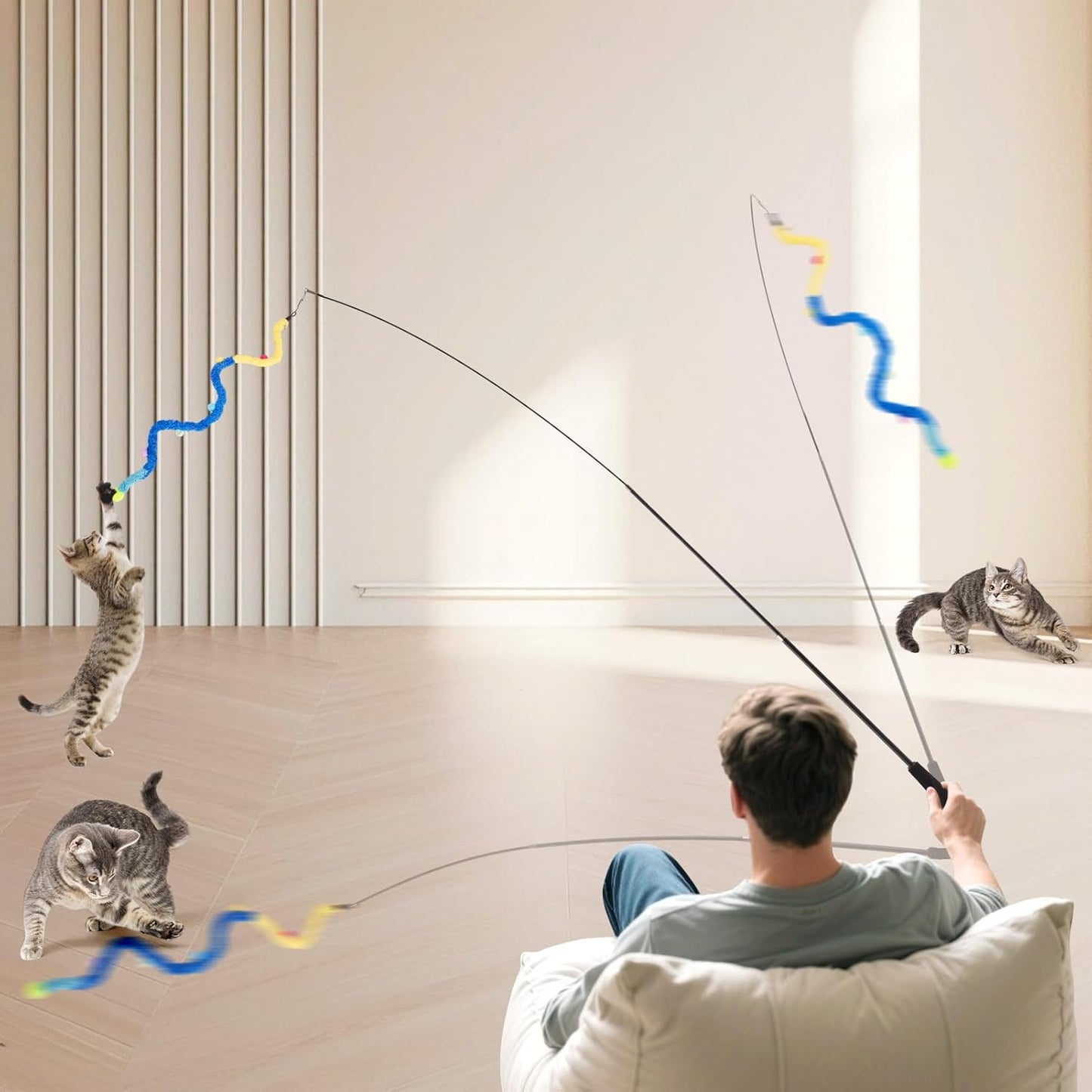 Cat Wand Toy, 8Pcs Retractable Plush Srtip Cat Teaser Wand Toys with Bell & String, Long Interactive Wand Toys for Indoor Kitten, Exercise