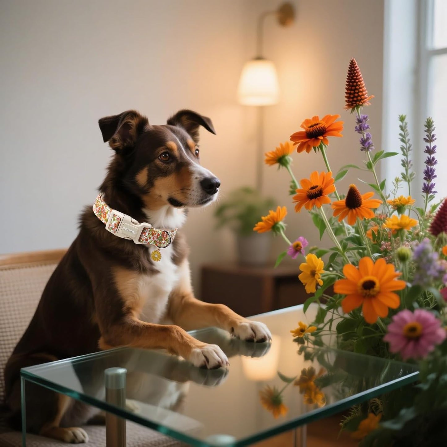 DOGWONG Flower Dog Collar, Orange Daisy Flower Dog Collar Adjustable Soft Fabric Girl Pet Dog Collars Cute Puppy Necklace for Small Medium Large Dogs