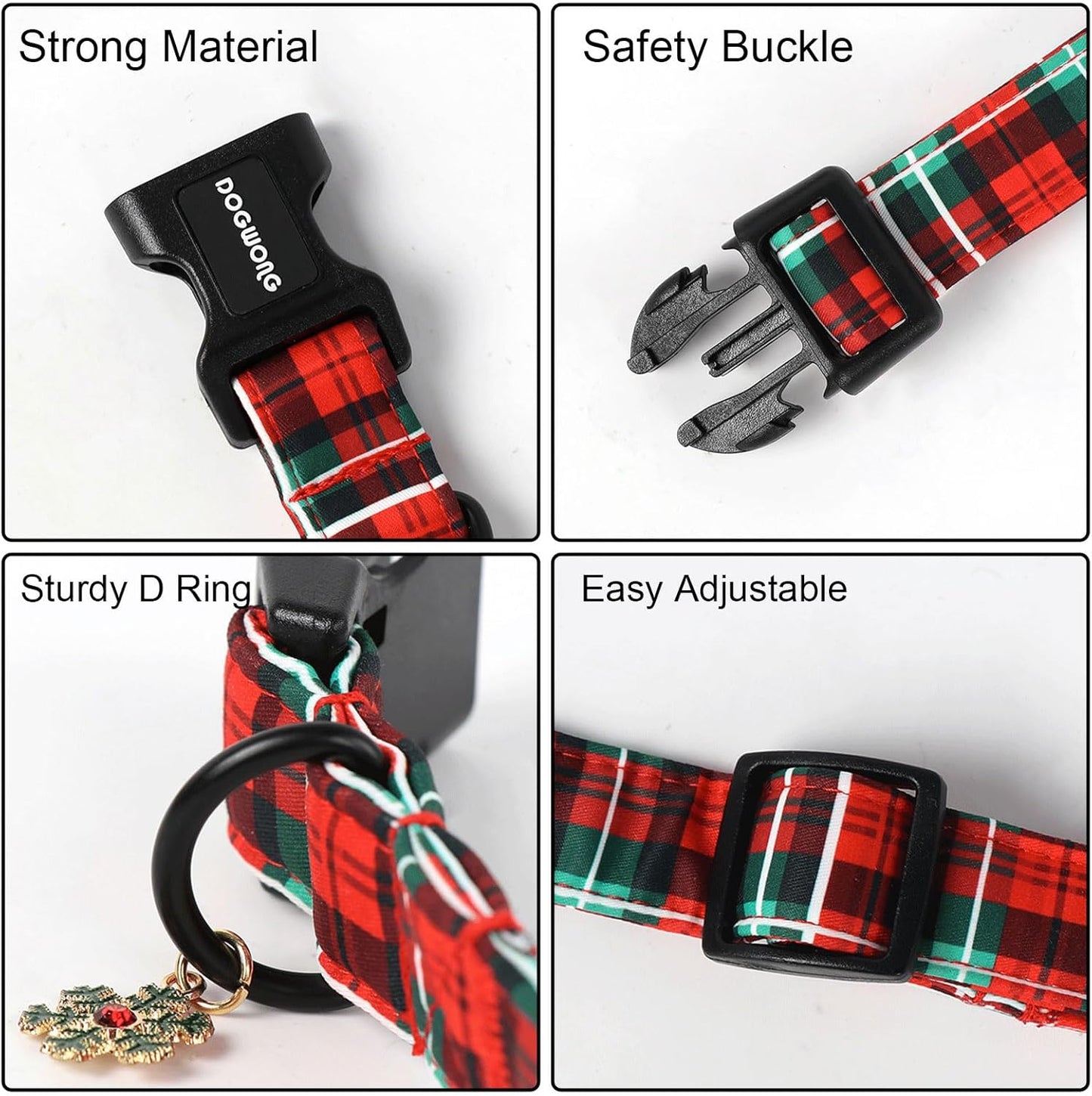 DOGWONG Christmas Plaid Dog Collar- Cute Red Christmas Checked Dog Collars Adjustable Designer Grid Dog Collar for Small Medium Large Dogs XS