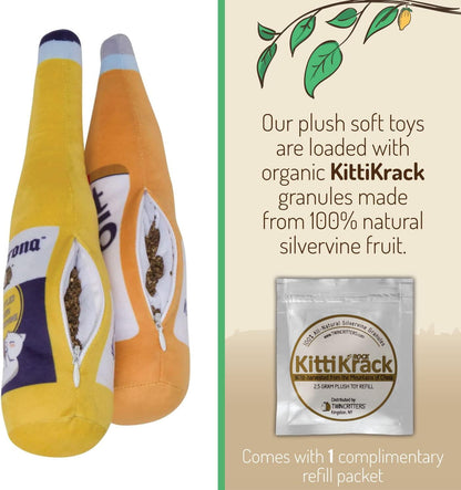 KittiForti 2-Pack Organic Silvervine Catnip Substitute Toys for Cats & Kittens | 100% All-Natural Wild Harvested Silvervine | 2 Refillable Beer Bottle Kicker Cat Toys