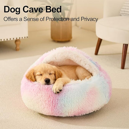Calming Dog Beds & Cat Cave Bed with Hooded Cover,Removable Washable Round Beds for Small Medium Pets,Anti-Slip Faux Fur Fluffy Coved Bed for Improved Sleep,Fits up to 15/25 lbs(Colorful,M)