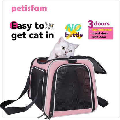 petisfam Soft Pet Carrier for Medium Cats and Small Dogs with Cozy Bed, 3 Doors, Top Entrance | Airline Approved, Escape-Proof, Breathable, Leak-Proof, Easy Storage (Pink)