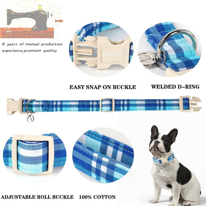DOGWONG Cotton Dog Collar, Blue Plaid Heavy-Duty Dog Collar Durable Soft Boy Dog Collar Cute Wedding Puppy Necklace for Small Medium Large Dog