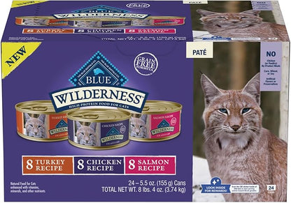 Blue Buffalo Wilderness High Protein, Natural Adult Pate Wet Cat Food Variety Pack, Chicken, Salmon, Turkey 5.5-oz can (24 count - 8 of Each Flavor)