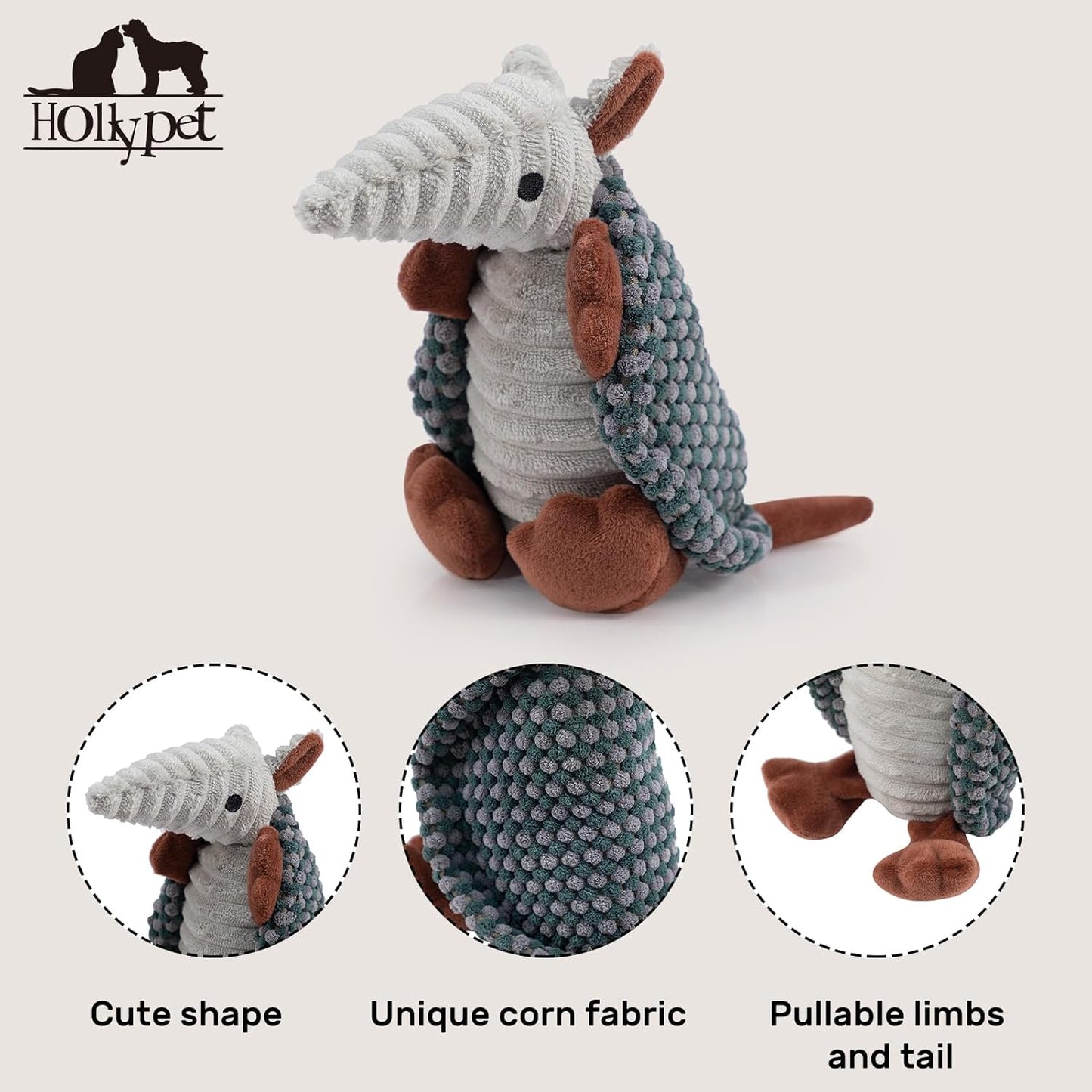Hollypet Plush Dog Squeaky Toy Stuffed Armadillo Animal Pet Puppy Chew Toys with Clean Teeth for Small Medium Large All Breed Sizes Dogs, Light Gray and Dark Green,8 in