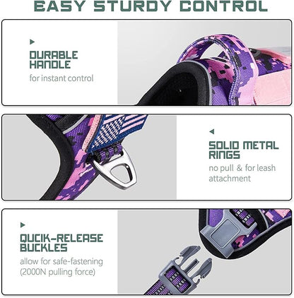 BUMBIN Tactical Pet Walking Harness with Handle for Medium Dogs, Adjustable, Famous TIK Tok Fit Smart Reflective No Pull Vest for Training, Purple M