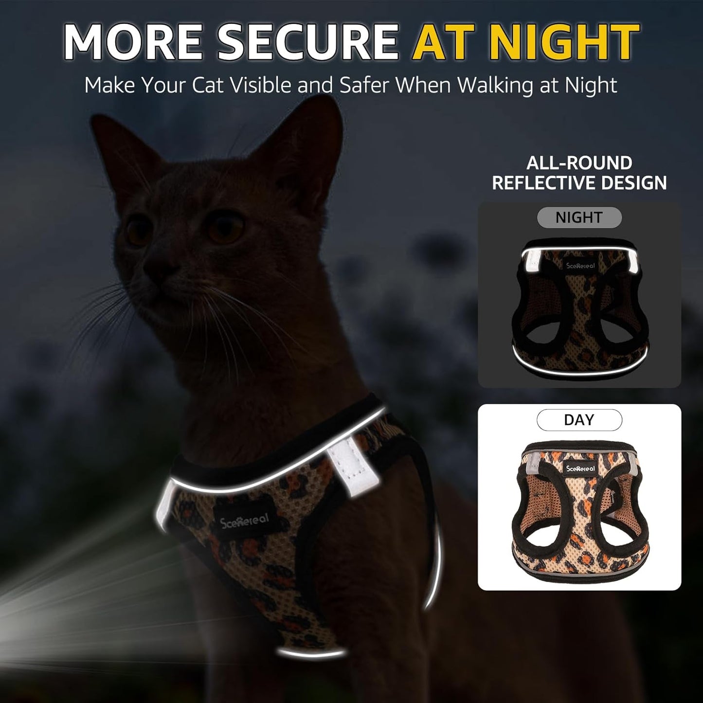 SCENEREAL Cat Harness & Leash Set Escape Proof - Adjustable Air Mesh Vest with Reflective Strips for Kittens, Puppies, Rabbits, Khaki Leopard M