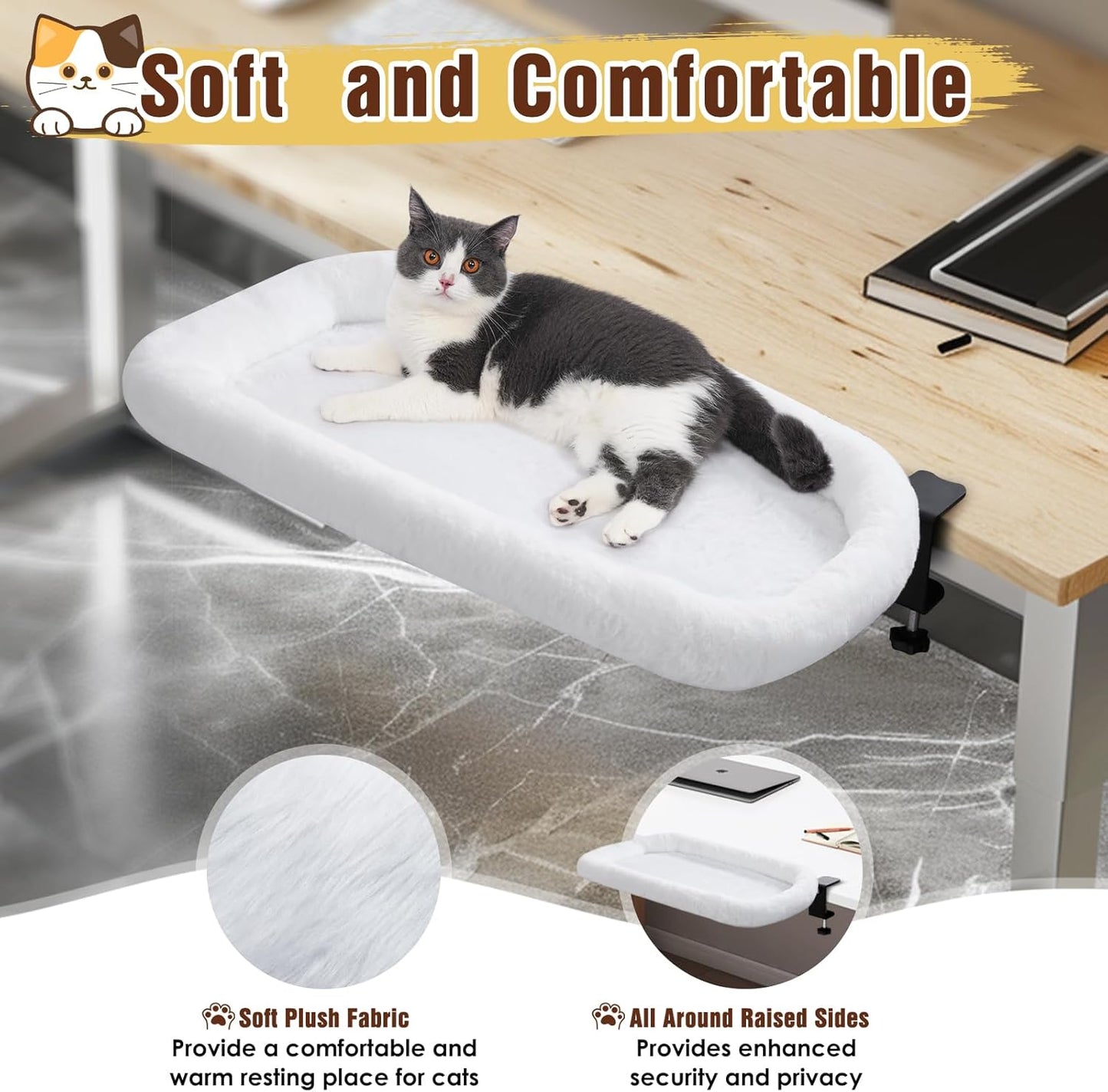 IPOW Heavy Duty Steel Frame Supports up to 50lbs Cat Desk Bed & Perch Space-Saving 90°Foldable with Soft Ultra-Plush Faux Fur for Small Medium Large Cats