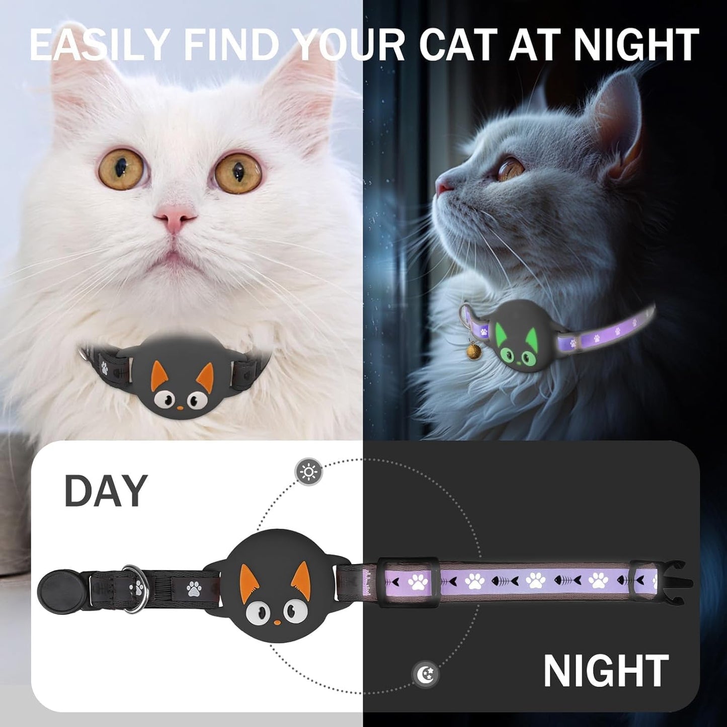 Airtag Cat Collar Breakaway, Reflective Kitten Collar with Apple Air Tag Holder and Bell for Girl Boy Cats, Lightweight Cat Collars for Apple AirTag, Hidden GPS Tracker Holder for Cats, Black (9-13")