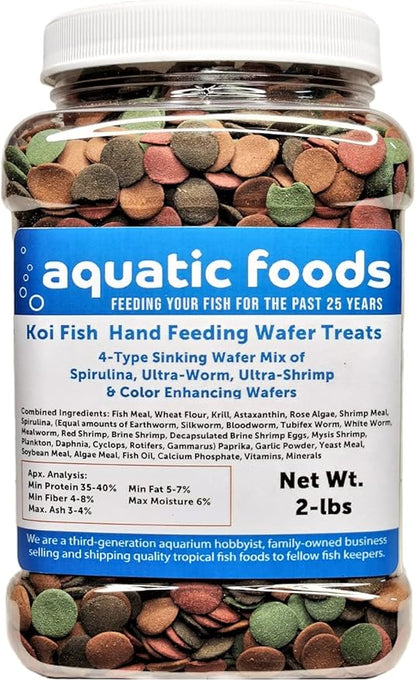 Aquatic Foods Inc. Koi Fish, Hand Feeding 12mm - 1/2" 4-Type Sinking Wafer Treats, Teach Your Koi to Eat Out of Your Hands…2-lb Med Jar