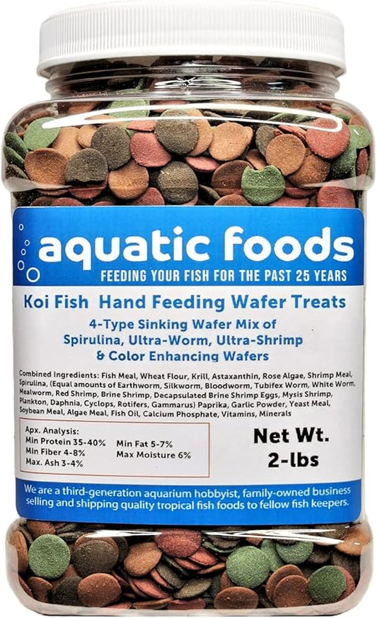 Aquatic Foods Inc. Koi Fish, Hand Feeding 12mm - 1/2" 4-Type Sinking Wafer Treats, Teach Your Koi to Eat Out of Your Hands…2-lb Med Jar