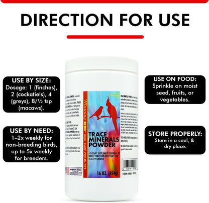 Morning Bird Trace Minerals Powder 16 Oz – Complete Mineral Supplement for Birds – Promotes Energy, Metabolism & Enzyme Activity – Easy to Mix for Daily Vitamin Support.