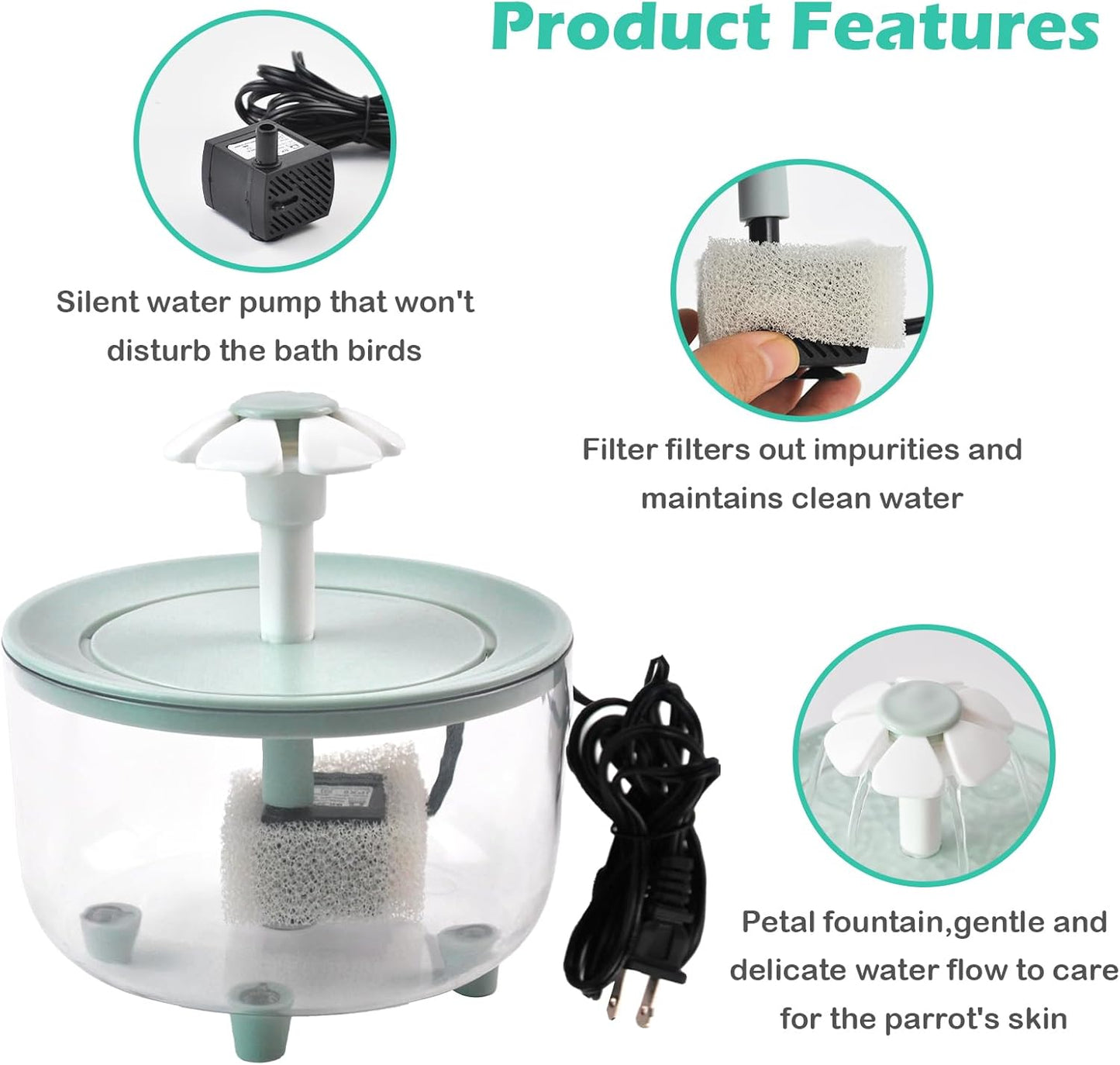 Automatic Bath for Birds,Parrot Bathtub with Petal Fountain Circulating Filter Cage Bird Bath Shower Cockatiel Bird Bath for Indoor Parakeets Budgie Cockatiels Small Feathered Pet