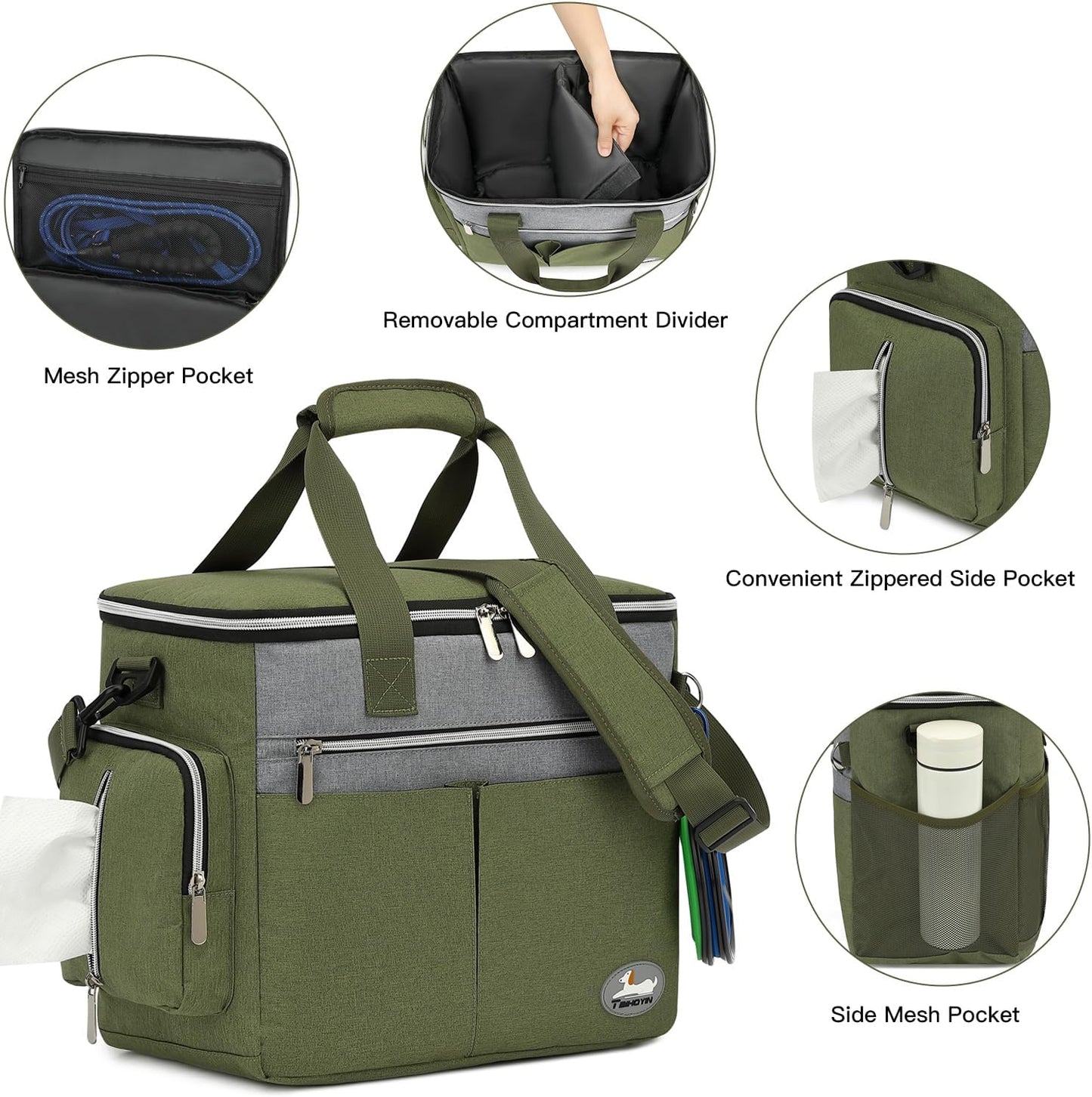 Dog Travel Bag for Pet Kit for Supplies with 2 Food Storage Containers 2 Collapsible Bowl 1 Feeding Mat 1 Dog Treat Pouch 7-Piece Set Perfect Road Trips Camping Weekend Doggy Gift Olive Green