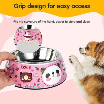 Pet Cats Dogs 2 in 1 Food Water Bowls - Non Slip Skid Proof Heavy Duty Pet Cats Dog Food Water Bowls for Feeding Drinking Small Medium Large Dogs Cats Puppies- Pink Panda-L