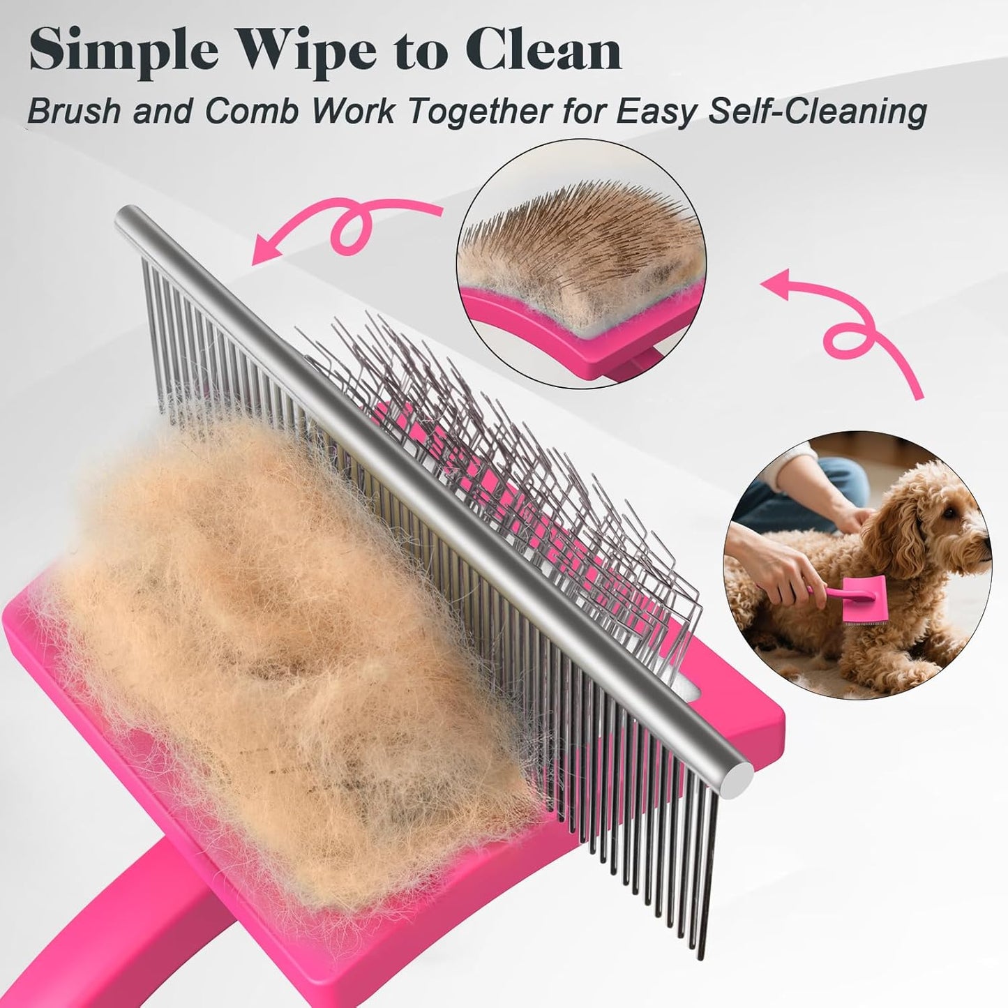 2PCS Slicker Brush for Dogs & Pet Comb,Professional Dog Grooming Brush (Goldendoodles,Poodles,Labradoodles) with Extra Long Pins to Effectively Remove Tangles, Knots and Mats (Pink Large)