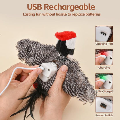 Flappy Bird Cat Toy, Simulated Chirping Flapping Wings Bird, Interactive Catnip Toys, Plush Kitten Exercise Toys for Indoor Cats, Brown Sparrow