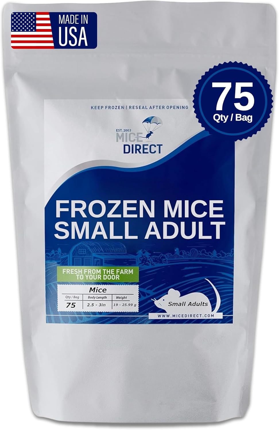 MiceDirect EST. 2003 75 Frozen Mice Small Adult Feeders Snake Food for Juvenile Red Tail Boas Ball Pythons Adult Sand Boas Milks Corn (2.5-3 in) (1425 Grams Min)