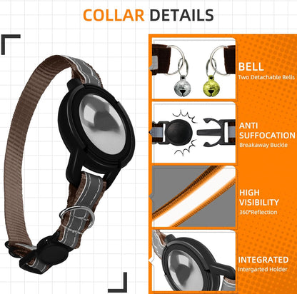 Airtag Cat Collar Breakaway, Odokele Reflective Cats Collars with Apple Air Tag Holder for Kitten, Cat GPS Tracker Adjustable Collars with Safety Quick Release Buckle for Kitties and Puppies - Coffee